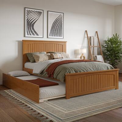 Solid Wood Platform Bed with Trundle - Full Size, Rustic Style, Light Toffee Finish