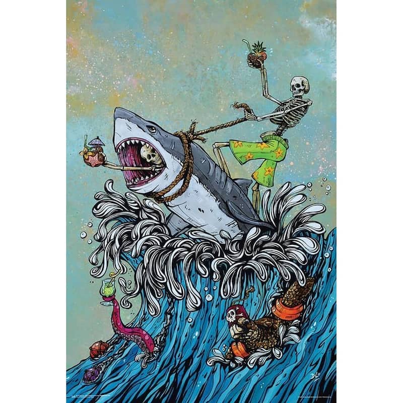 Great White Wave - 2 Skeletons Riding Shark Art Poster - 24 x 36 Inch
