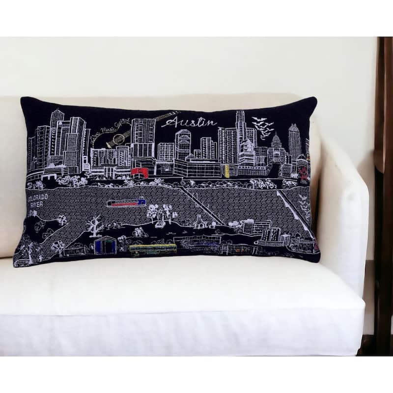 25" Black Atlanta Nighttime Skyline Lumbar Decorative Pillow - Black Gray and White