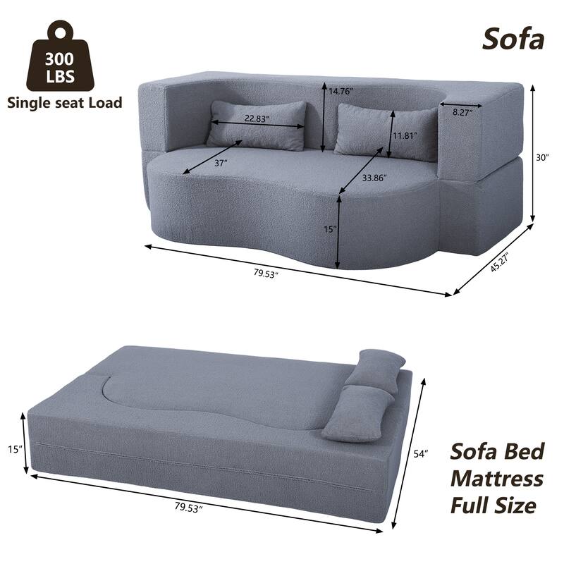 2-in-1 Convertible Full Size Sofa Bed, Teddy Loveseat with 2 Pillows, No-Assembly Floor Futon