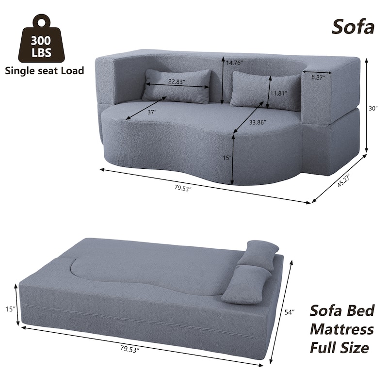 Modern 2-Seater Sofa 2-in-1 Folding Sofa Bed with 2 Pillows, Soft Teddy Fabric and Non-Slip Bottom, for Living Room, Dorm