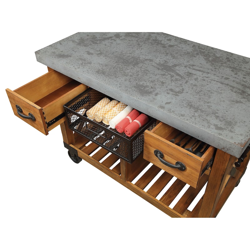 Geren Antique Oak 2-Drawe Kitchen Cart with 2 Shelves