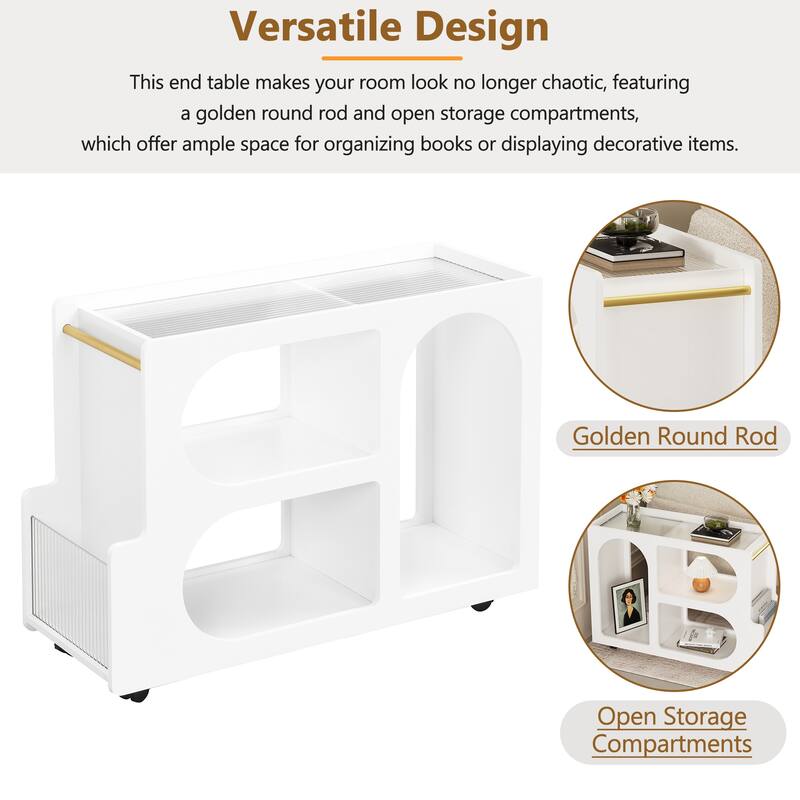 End Table with Storage, Side Table with Lockable Wheels/Golden Round Rod