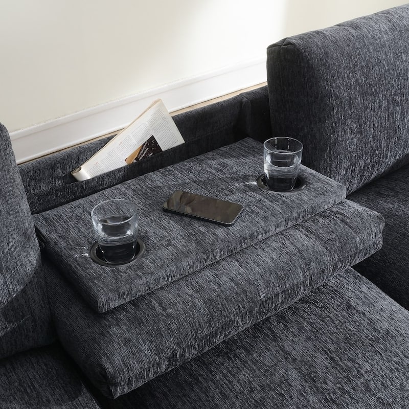 96" Modern Chenille Sectional Sofa with Bluetooth Speaker ,USB and Cup Holders