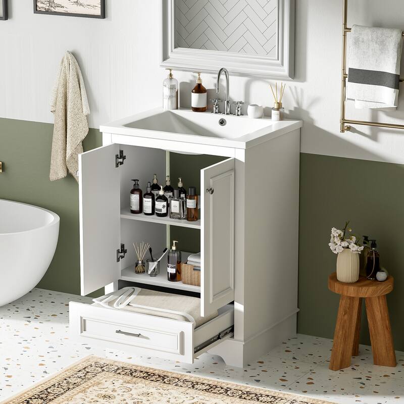 Roomfitters 24" Vanity with Ceramic Sink, Freestanding Cabinet with Silver Handles and Soft Closing Doors