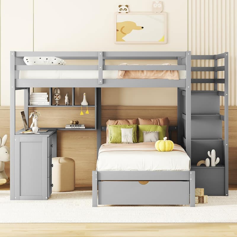 Full Over Twin Bunk Bed with Desk, Drawers, and Shelves in Gray
