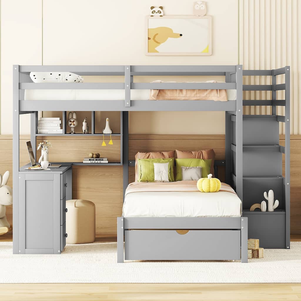 Full Over Twin Size Gray Bunk Bed Wooden L-Shaped Platform Bed Frame with Multiple Storage Drawers ,Desk and Bookshelves