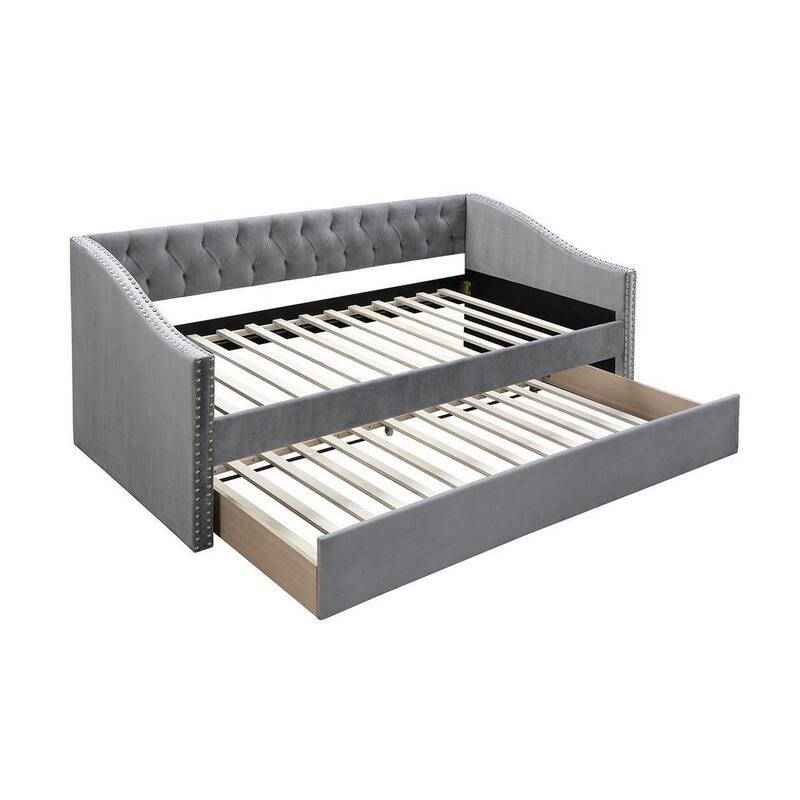 Ann Modern Wood Day Bed with Trundle, Straight Tufted Back, Gray Burlap