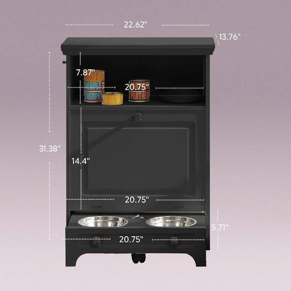 dimension image slide 4 of 7, Roomfitters Dog Feeding Station with 2 Elevated Dog Bowls, Tilt Out Pet Feeding Cabinet Station