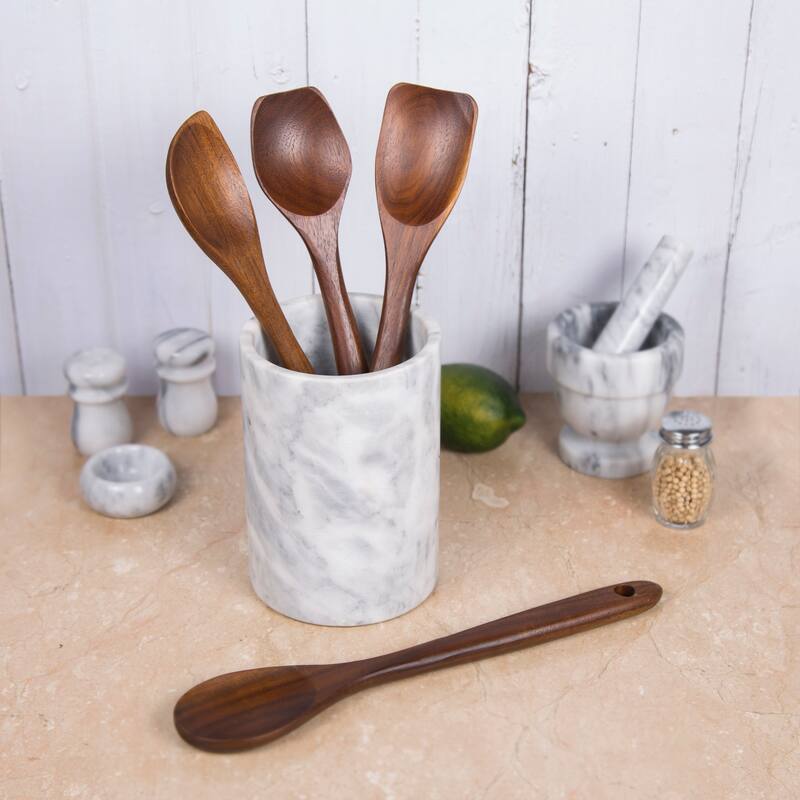 Creative Home Natural Off-White Marble Multi-Functional Tool Crock, Utensil Holder, Counter Top Organizer, 5" Diam. x 7" H