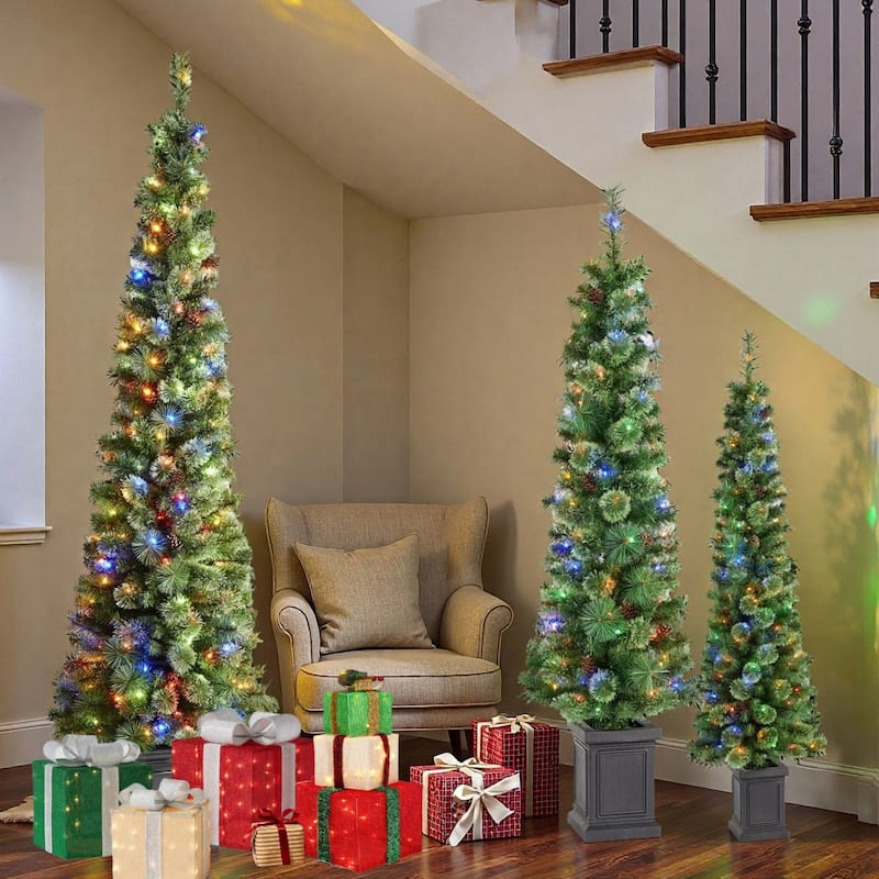 Glitzhome Set of 3 Pre-Lit Green Cashmere Pine Christmas Tree in Planter Artificial Decoration 5FT/6FT/7FT