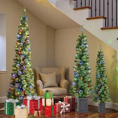 Glitzhome Set of 3 Pre-Lit Green Cashmere Pine Christmas Tree in Planter Artificial Decoration 5FT/6FT/7FT
