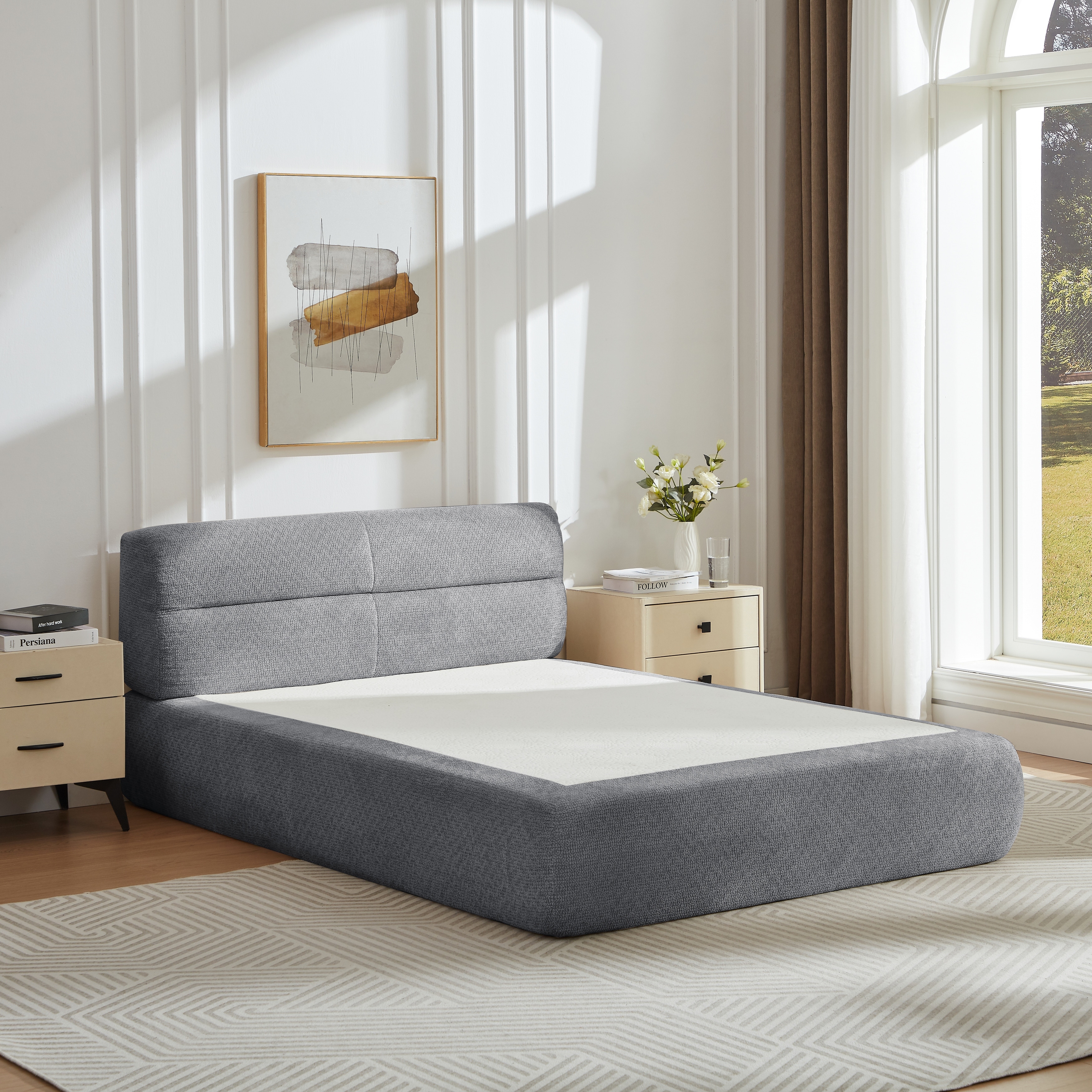 Roomfitters Modern Upholstered Platform Bed, Low Profile Chenille Bed Frame with Padded Headboard for Bedroom