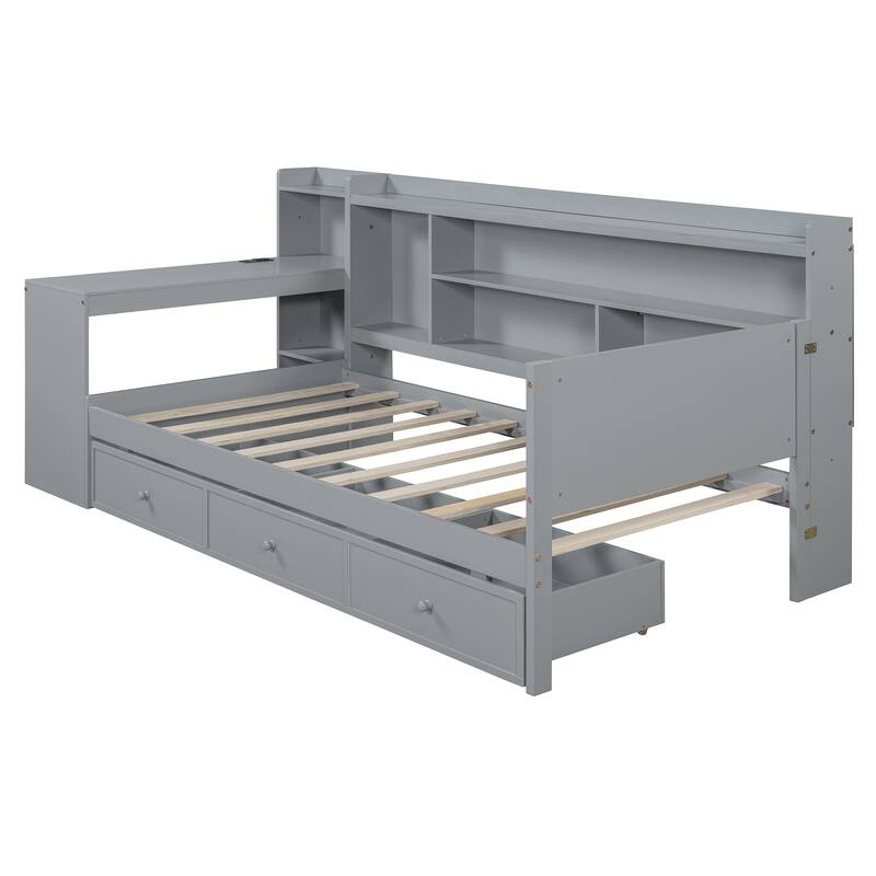 Gray Twin Size Wooden Daybed with 3 Drawers, USB Ports & Desk