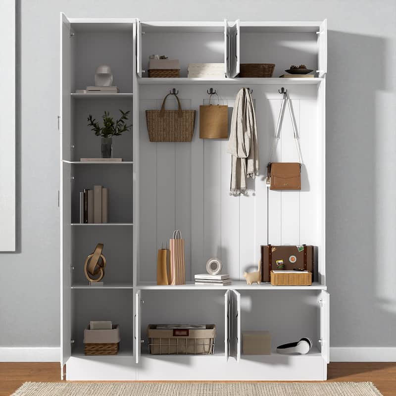 79" Modern Hall Tree with Bench, 6 Cabinets, Adjustable Shelf & 4 Hooks, Entryway Storage Organizer for Shoes and Coats