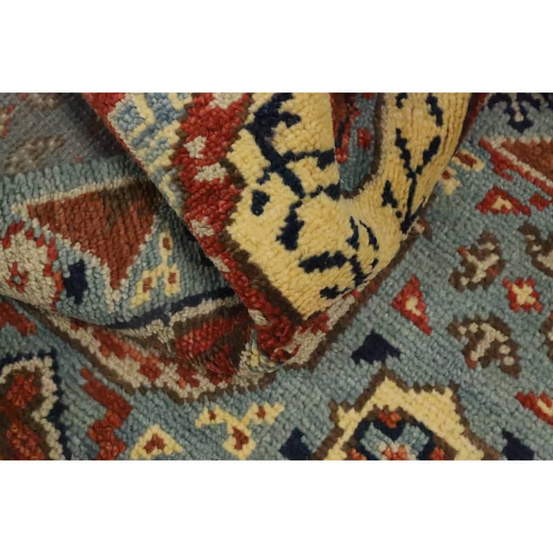Hand Knotted Oriental 100% Wool Carpet Traditional Geometric Navy Blue & Blues Kazak Runner Rug - 7' 11'' X 2' 5''
