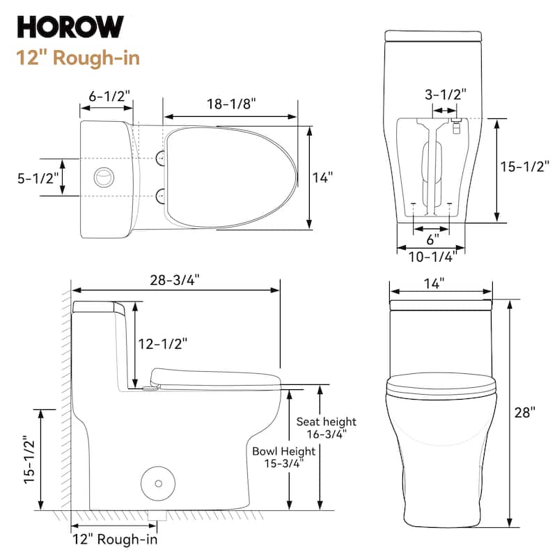 HOROW 1 Piece High Efficiency Dual Flush Elongated Toilet White 1.1/1.6 GPF Soft Close Seat - N/A