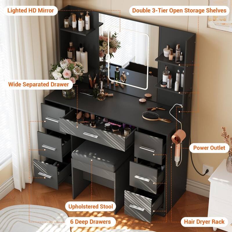 Vanity Desk with LED Lighted Mirror and Stool, 7 Drawers, 6 Open Shelves