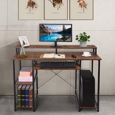 Computer Desk With Monitor Stand Storage Shelves Keyboard Tray For Home Office