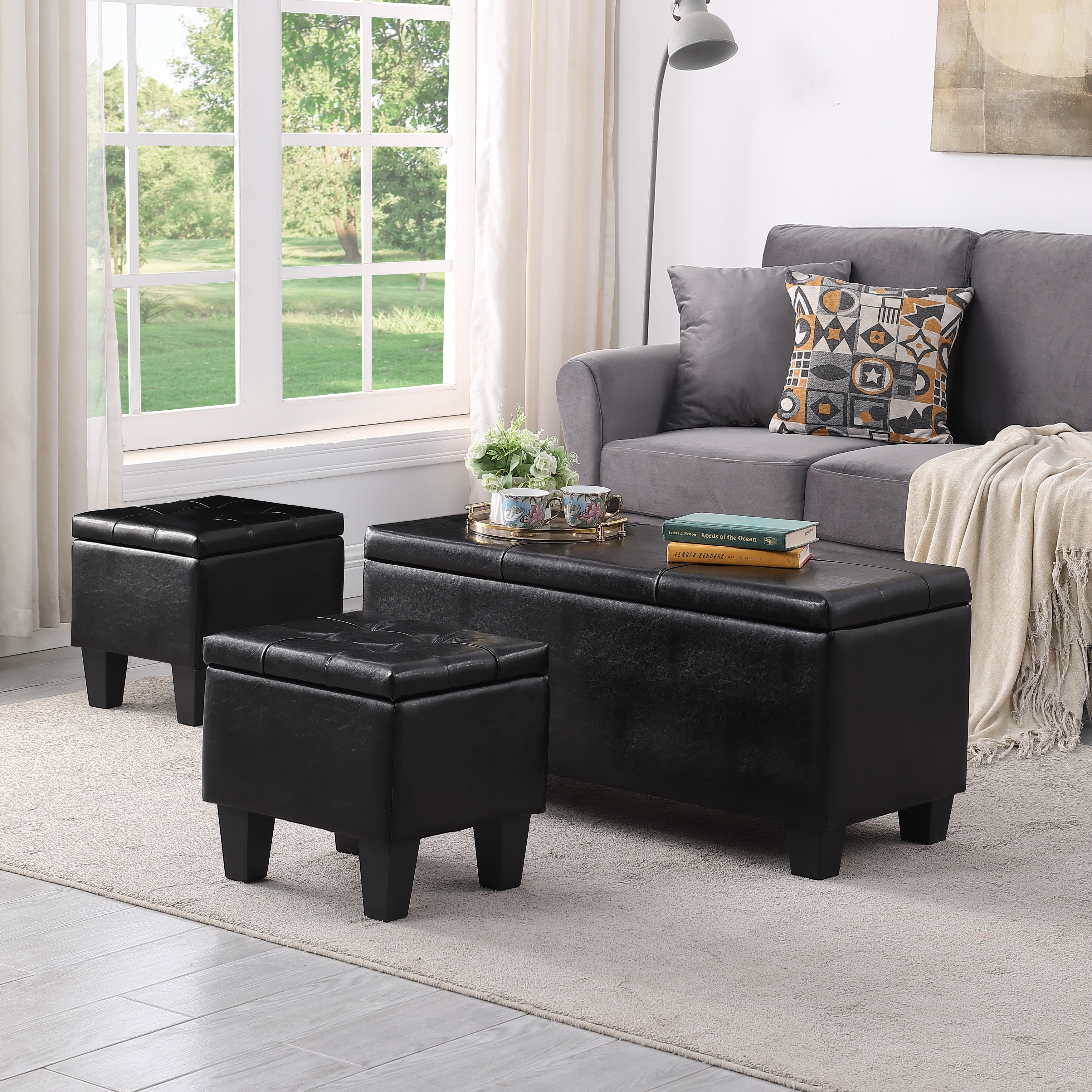 Large Storage Ottoman Bench Set With Three-In-One Combination