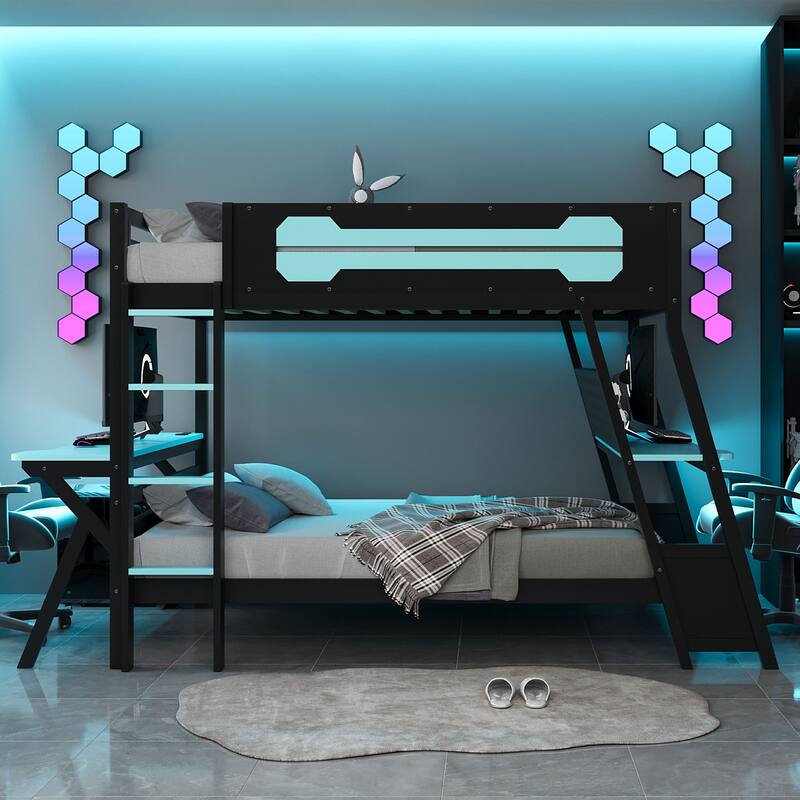 Gaming Bunk Bed Two Built-In Gaming Desks Each Side Loft Bed with USB Desktop Ports and Pegboard Organizer for Gaming Room Gamer