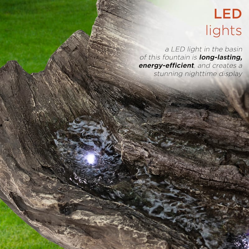 Alpine Corporation WIN256 24" Outdoor 2 Tier Fallen Tree Trunk Water Fountain with LED Lights