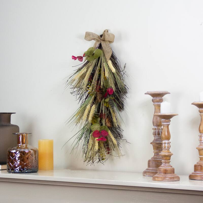 24" Autumn Harvest Wheat Eucalyptus Feathers Teardrop Swag - Unlit