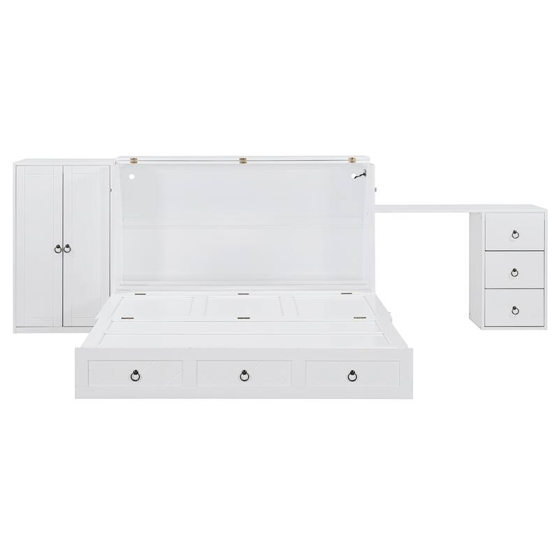 Queen Size Murphy Bed with USB Port, Large Drawer and Desk Combo for Bedroom