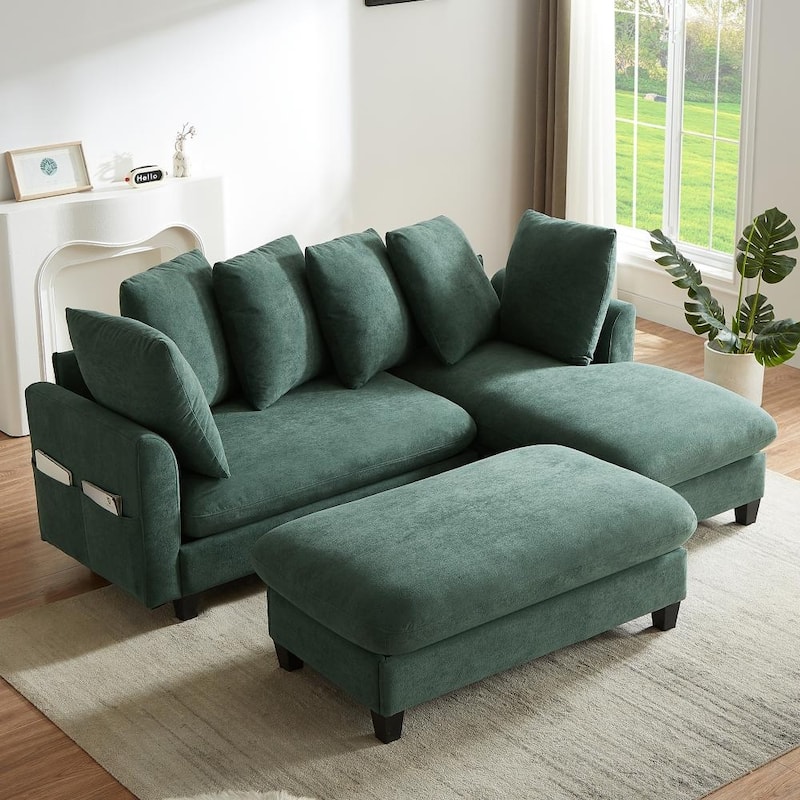 83" Upholstered Sectional Sofa with Movable Ottoman and Six Pillows, Ample Storage Space