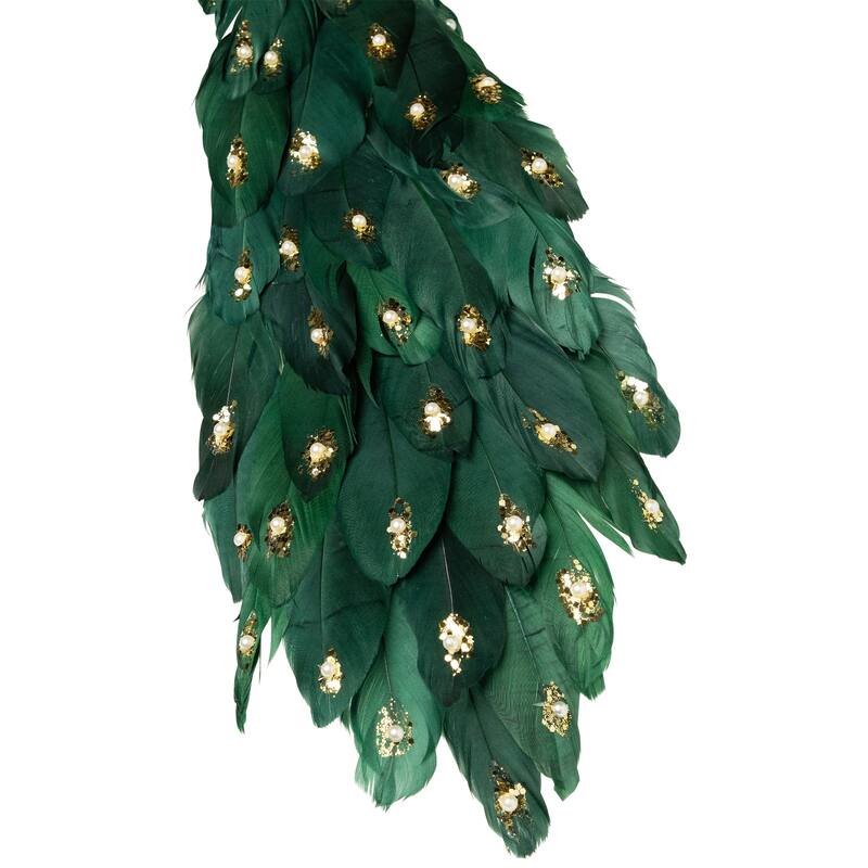Glittered Peacock with Faux Pearls Christmas Decoration - 22" - Green