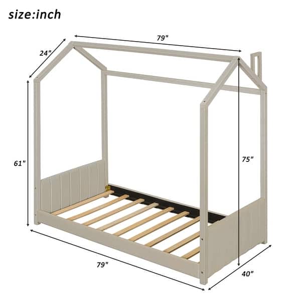 dimension image slide 1 of 2, Twin Size Velvet House Bed Wood Bed, Beige