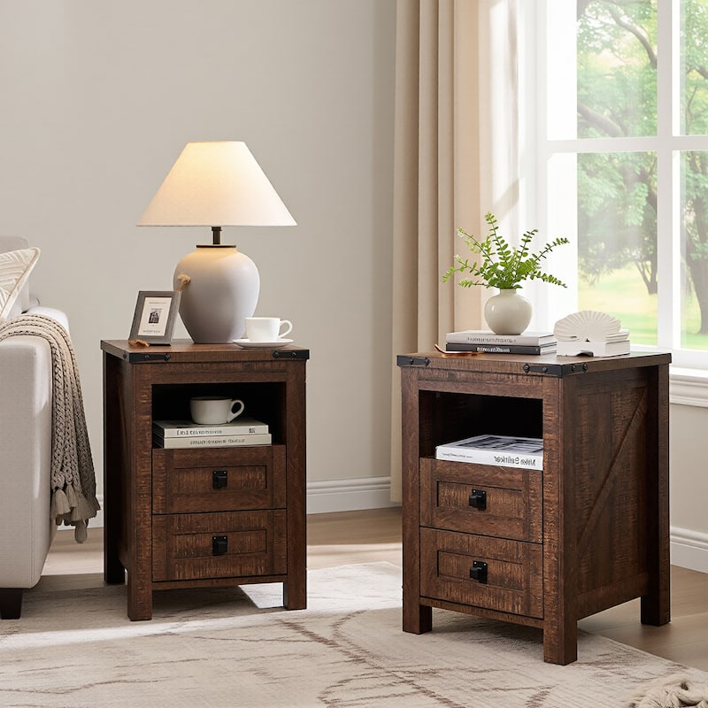 Farmhouse Nightstand Set of 2 with Charging Station, End Table - Brown