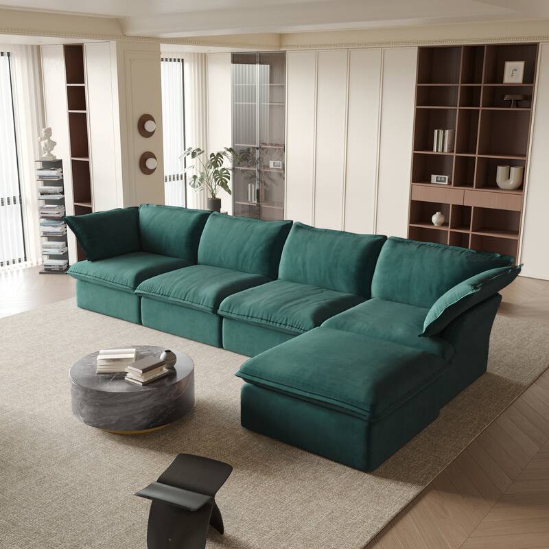 Modular Sectional Sofa Couch, 162.98" Velvet L-Shape Sofa with Ottoman - Green