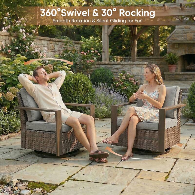 Gymojoy 7 Pieces Patio Sofa with Rattan Swivel Rocking Chair Ottomans Outdoor Conversation Set