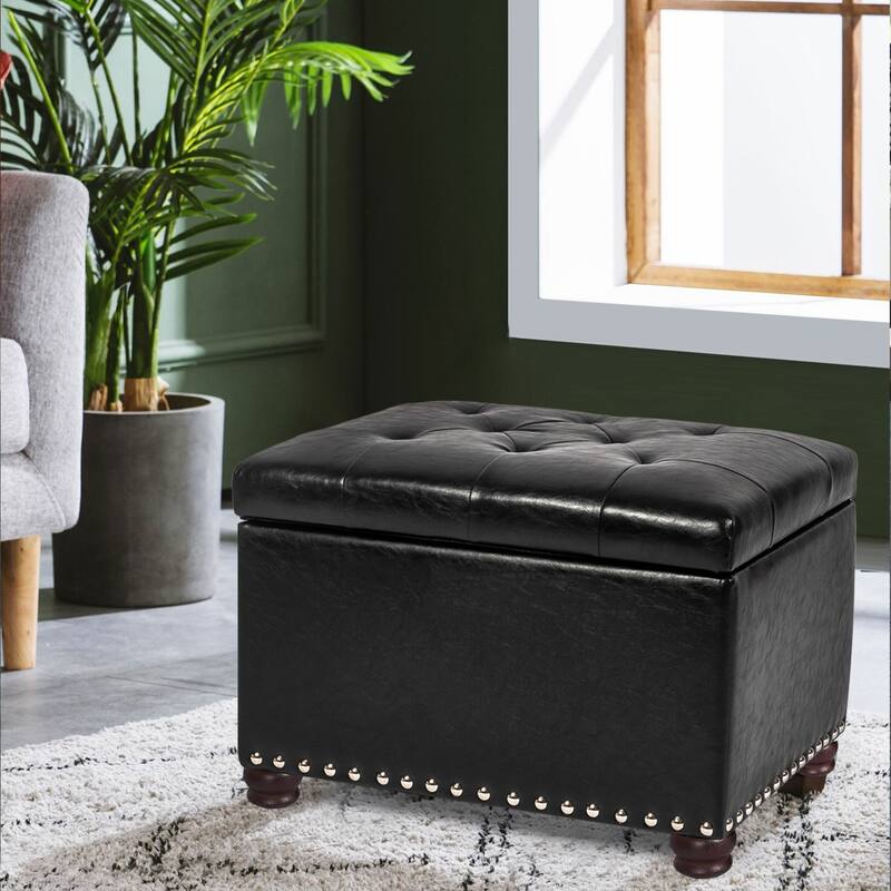 Adeco Square Storage Ottoman Bonded Leather Bench Tufted Footstool