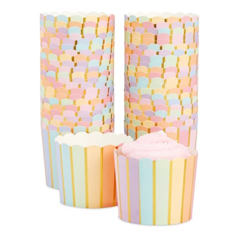 50 Pack Pastel Rainbow Cupcake Liners Wrappers with Gold Foil, Muffin Paper Baking Cup