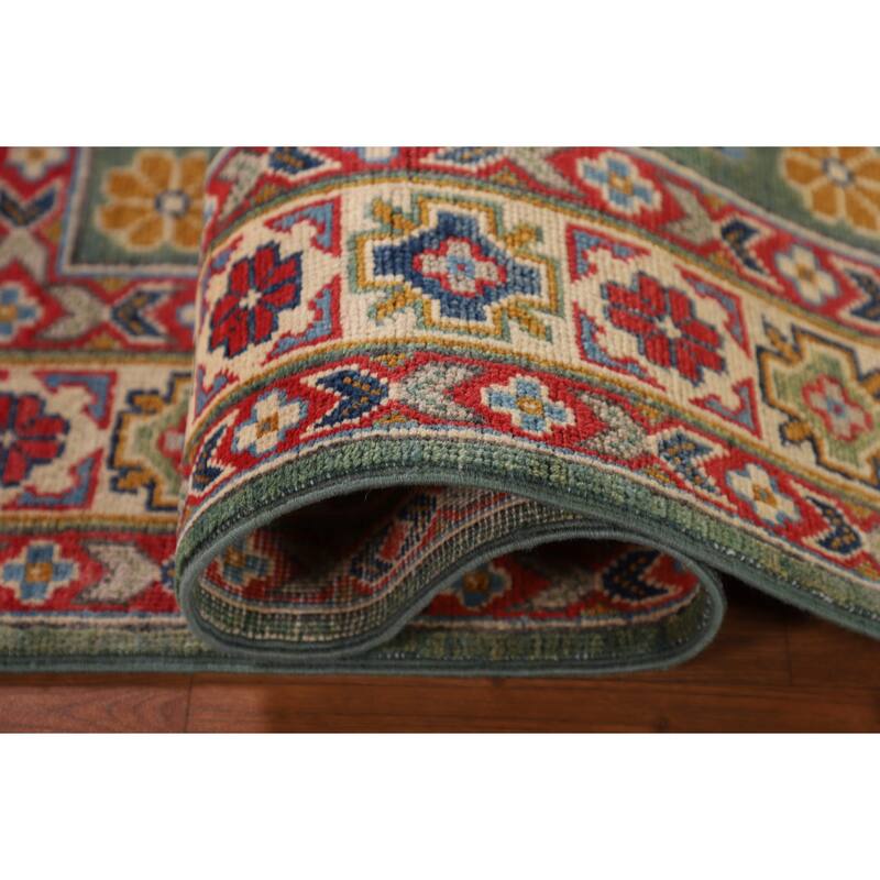 Green Geometric Kazak Accent Rug Handmade Oriental Wool Carpet - 3'4"x 4'10"