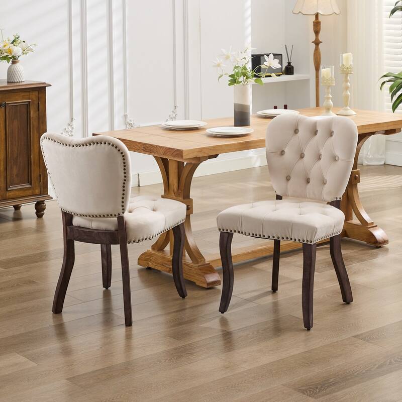 Roomfitters French Vintage Dining Chairs Set of 2, Tufted Velvet Upholstered Accent Chairs with Curved Wood Legs - Beige