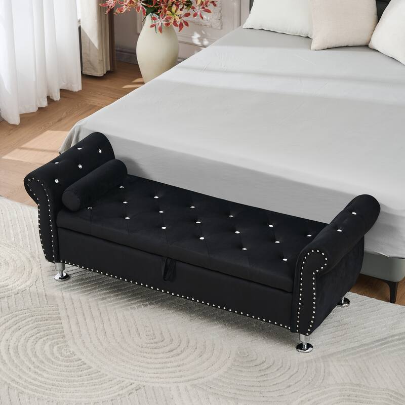 Velvet Storage Bench End of Bed Bench with Crystal Buttons, Black Vanity Bench Leisure Bench Accent Bench with 1 Pillow