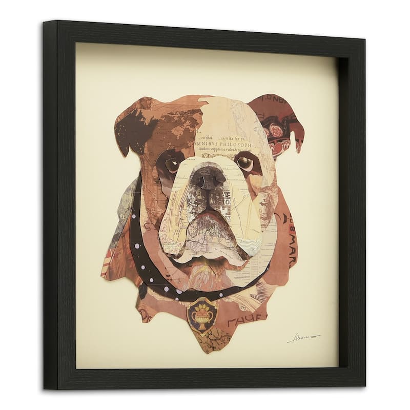 "English Bulldog Pup" Dimensional Collage Framed Graphic Art Under Glass Wall Art