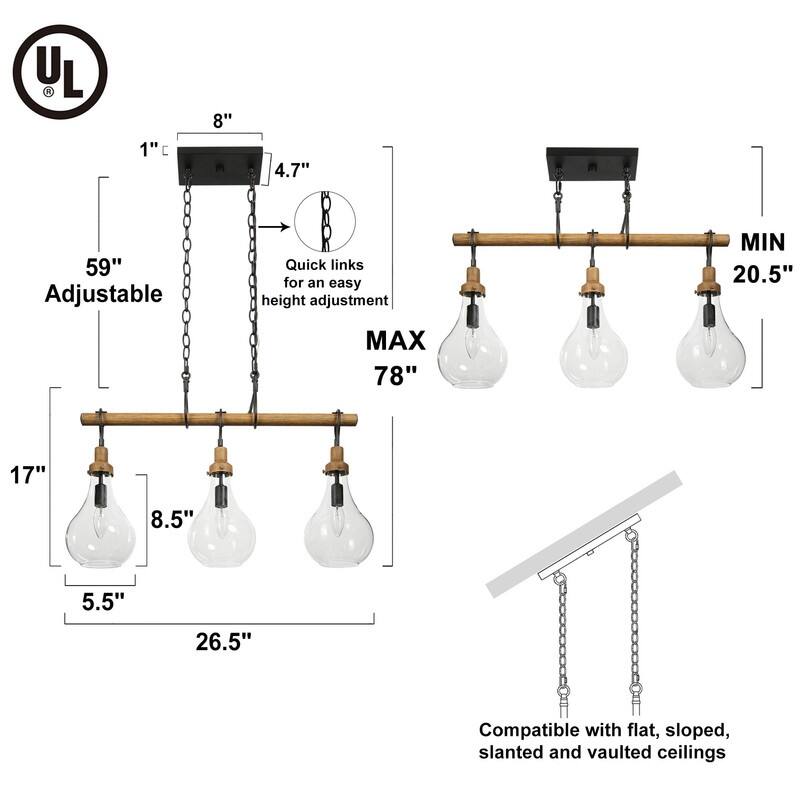 Farmhouse Rustic 3-Light Metal Modern Linear Island Chandelier Dining Room Linear Pendant with Droplet Glass - 26.5 inches