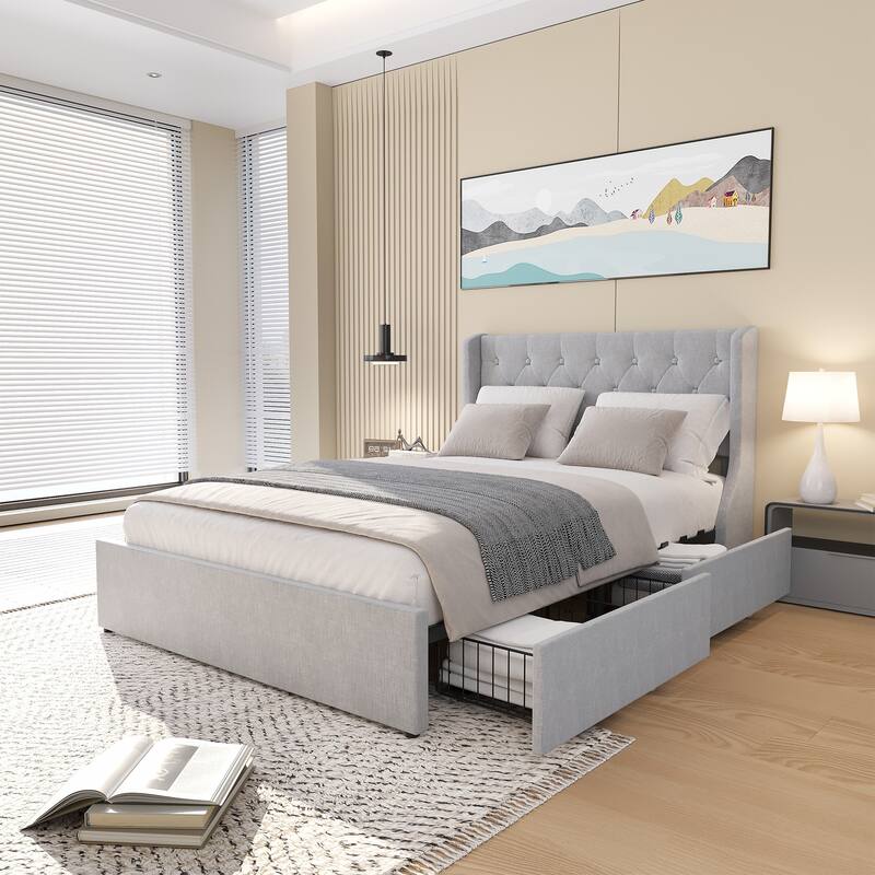 Full Size Platform Bed Frame with Wingback Headboard and 4 Hidden Storage Drawers, Stylish and Functional Bedroom Furniture