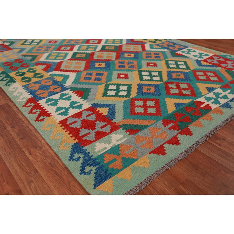 Hand Woven Oriental 100% Wool Carpet Southwestern Geometric Multi-Colored Kilim Area Rug - 8' 4'' X 5' 8''