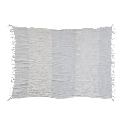 Woven Linen Throw Blanket with Stripes and Fringe - Cream - 60.0"L x 50.0"W x 0.3"H