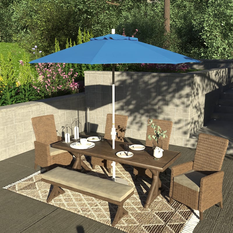 California Umbrella 9' Rd Patio Umbrella White Aluminum Frame Fiberglass Ribs Crank Lift Collar Tilt, Olefin Royal Blue Fabric - Frost Blue