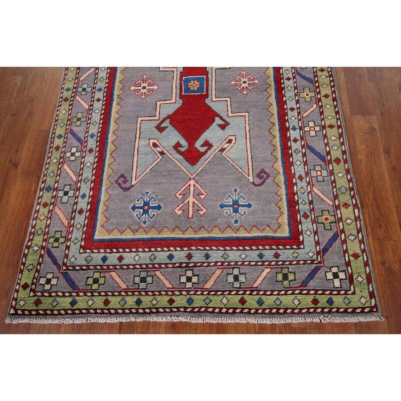 Gray Geometric Kazak Foyer Rug Handmade Oriental Wool Carpet - 3'4" x 5'5"