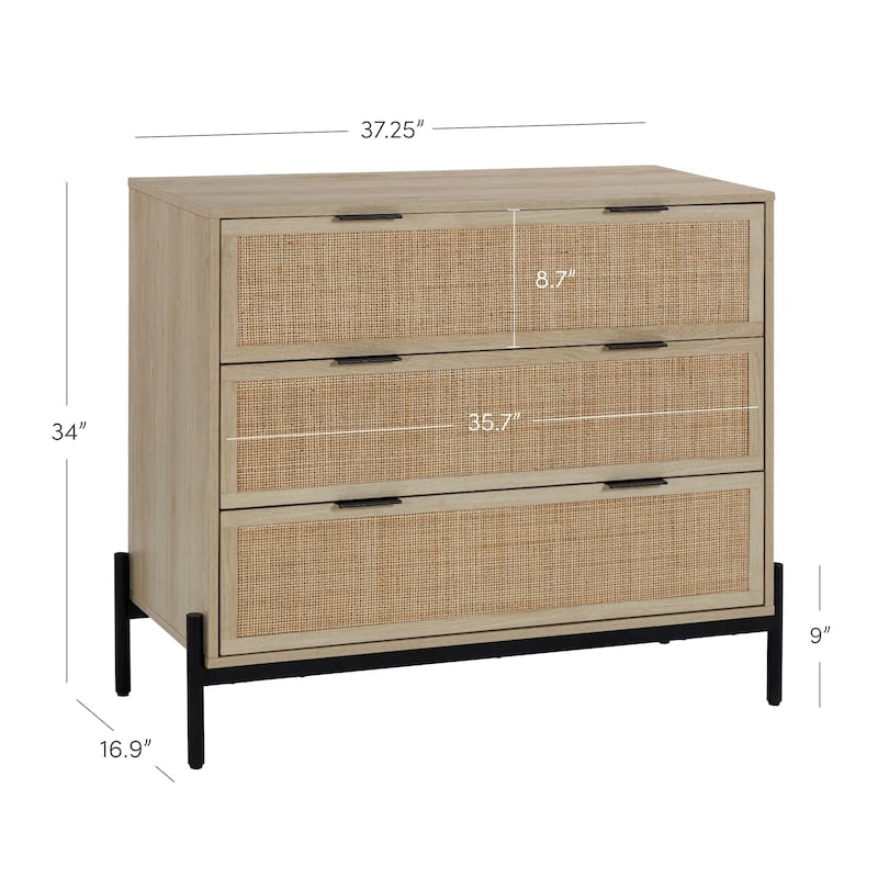 Andrew 3-Drawer Rattan Dresser or Bohemian Living Room Storage Cabinet with Natural Rattan Accent and Metal Legs