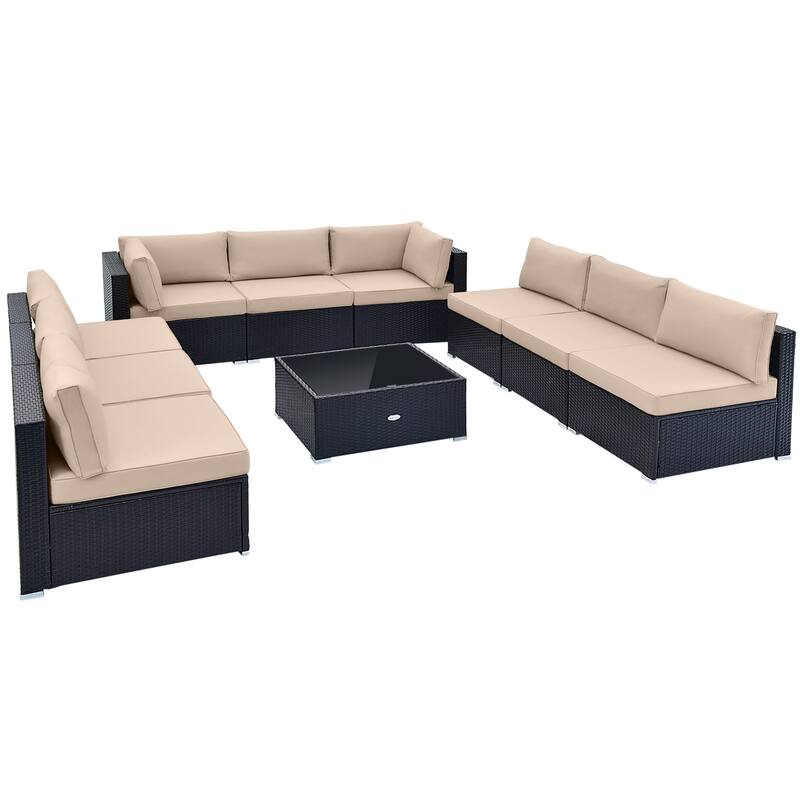 10 Piece Outdoor Wicker Conversation Set with Seat and Back Cushions - 29" x 25" x 25" - Beige