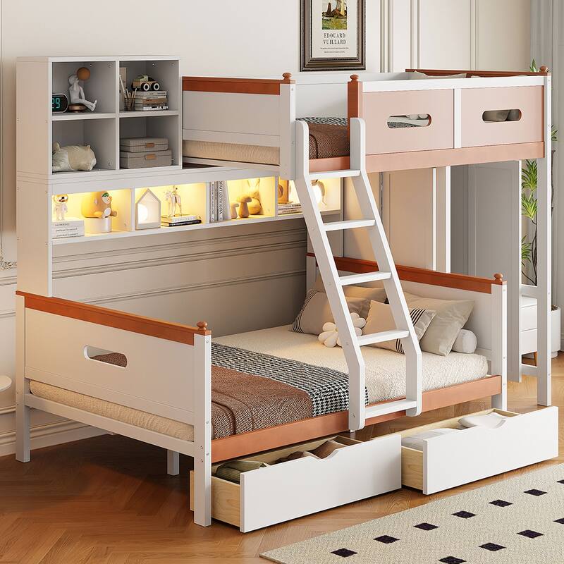Twin Over Full Wooden Bunk Bed with Wardrobe, Drawers, Shelves and LED Light in White and Orange