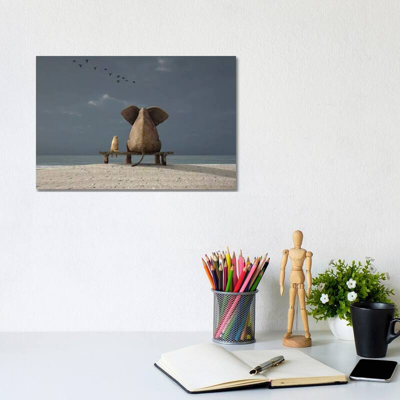 iCanvas "Elephant And Dog Sit On A Beach" by Mike Kiev Canvas Print - 8x12x0.75